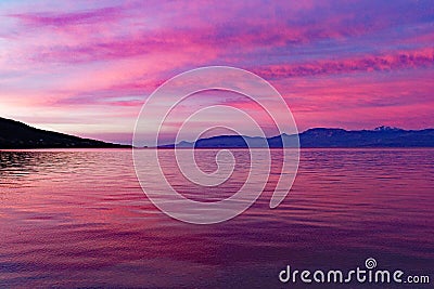 Pink Dawn Light Over Corinthian Gulf Bay Stock Photo