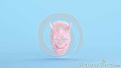 Pink Demonic Japanese Face Mask Hannya Kyogen Theatre Culture Decoration Blue Kitsch Background Cartoon Illustration