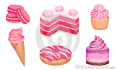 Pink Desserts with Ice Cream and Cupcake with Whipped Cream Vector Set Vector Illustration