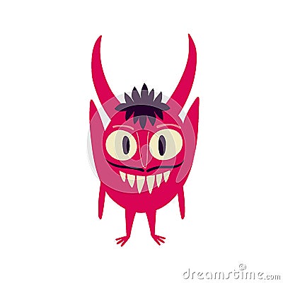 Pink devil demon with a creepy face. Vibrant bright Strange ugly Halloween characters. Vector Illustration