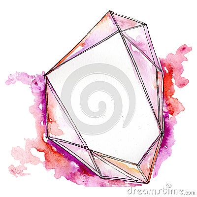Pink diamond rock jewelry mineral isolated. Geometric polygon crystal stone. Watercolor background illustration set. Cartoon Illustration