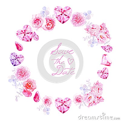 Pink diamonds, peonies and roses round vector frame Vector Illustration