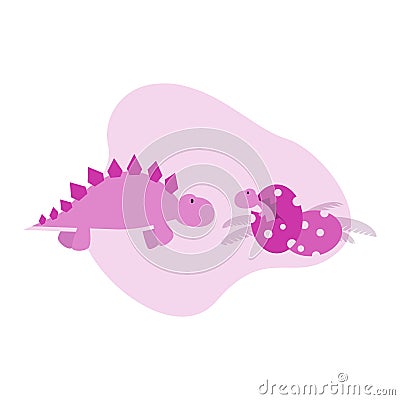 Pink dino with mother pink dinosaur and baby pink dinosaur hatched from egg Vector Illustration