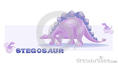 Pink Dino. Stegosaur with babies sitting in eggs. Cute dinosaur vector drawing for print. Poster. Vector Illustration