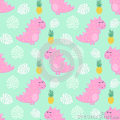 Pink dinosaur with pineapple and palm leaves seamless pattern on mint green background. Vector Illustration