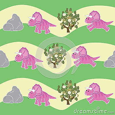 Pink dinosaur,Stone,Camilia,Triceratopswith green background,cute dino background,dino cartoon, herbivore dino cartoon Vector Illustration