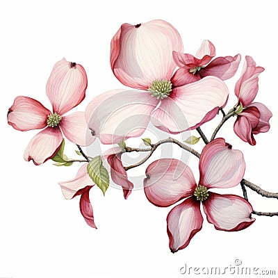 Pink Dogwood Flowers: Meticulously Detailed Watercolor Painting By Beatrice Potter Cartoon Illustration