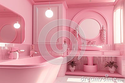 Pink dollhouse. Bathroom toy interior in miniature. Small cute plastic sink. Generative Ai Stock Photo