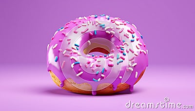 Pink donut banner. Closeup sweet donut dessert decorated with colorful sprinkles isolated on violete color background. Colorful Stock Photo