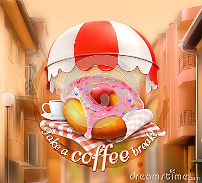 Pink donut and cup of coffee Vector Illustration