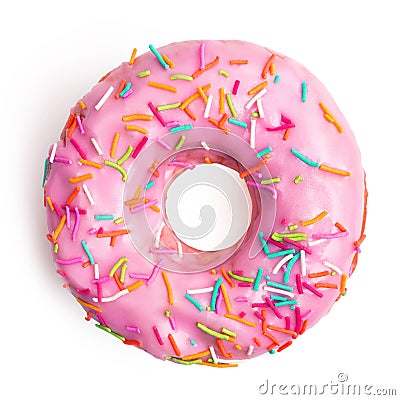 Pink donut decorated with colorful sprinkles isolated on white background Stock Photo