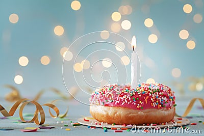 Pink donut and one burning candle against bokeh light background. Happy birthday concept Stock Photo