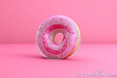 Pink donut topped with icing on paper background, glazed doughnut with sprinkles, crumbs. Unhealthy high-calorie food. Image is AI Stock Photo