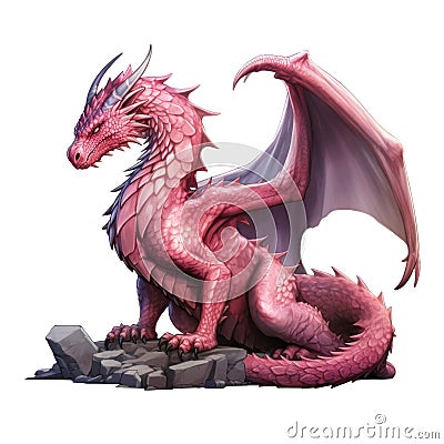 Pink dragon perched on rocks. The concept of a mythical and legendary creature. Stock Photo