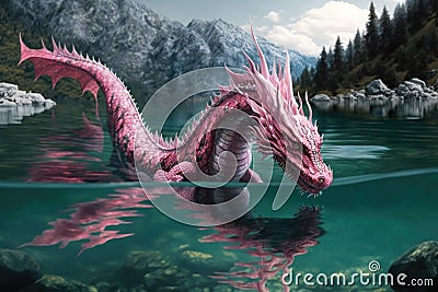 pink dragon, swimming in crystal-clear lake Stock Photo