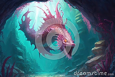 pink dragon, swimming through underwater cavern, with schools of fish swimming in the background Stock Photo