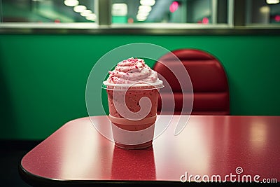 a pink drink sitting on a table in a diner Stock Photo