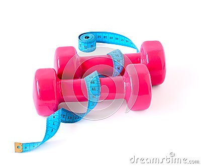 Pink dumbbells and blue meter Stock Photo