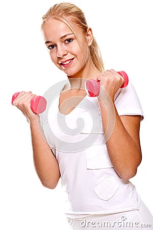 Pink dumbbells in the hands of women Stock Photo