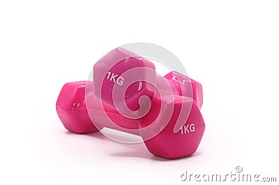 Pink dumbbells with one kilogram weight on white Stock Photo