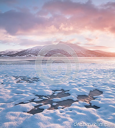 Pink early morning glow light on snow covered mountains in arctic norway, super wide panoramic scene. Scenic winter view Stock Photo