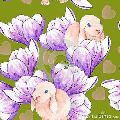 Pink Easter Bunny. Bouquet of blue, lilac crocuses on a green background. Watercolor Stock Photo