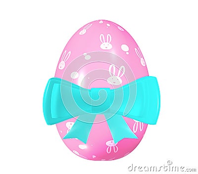 Pink Easter egg with a blue bow. Drawing rabbits. Illustration 3D Cartoon Illustration