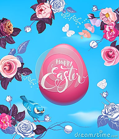Pink Easter egg surrounded by buds of beautiful half-painted flowers, pretty bird and butterflies against blue sky on Vector Illustration