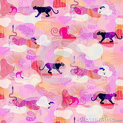 Pink eclectic rainforest wild animals and plants camo seamless pattern. Stock Photo