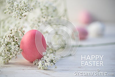 Pink egg and gypsophila baby breath flower on white painted ru Stock Photo