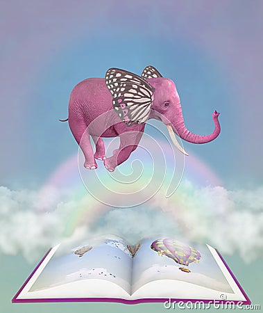 Pink elephant and fantasy book in the sky. Illustration Stock Photo