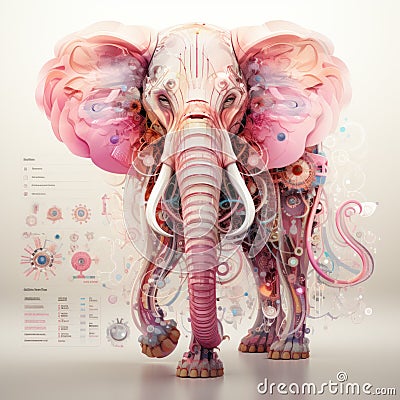 A pink elephant with a large tusk. Generative AI image. Stock Photo