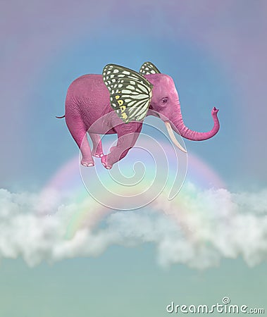 Pink elephant in the sky. Illustration Stock Photo