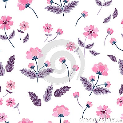 Pink embroidered flowers isolated on white background. Seamless pattern with imitation of satin stitch in vector Vector Illustration