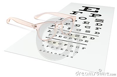 Pink eyeglasses on visual test chart isolated on white. Eyesight Stock Photo