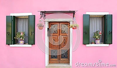 Pink facade in Burano, near Venice Stock Photo