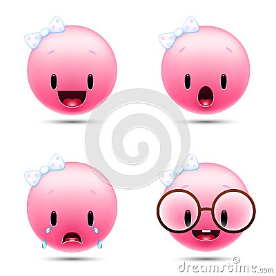 Pink face with emotions . Emoticons set Vector Illustration