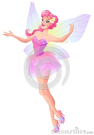 Pink fairy with butterfly wings flying and presenting. Vector illustration. Vector Illustration