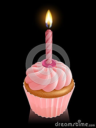 Pink fairy cake cupcake with birthday candle Vector Illustration