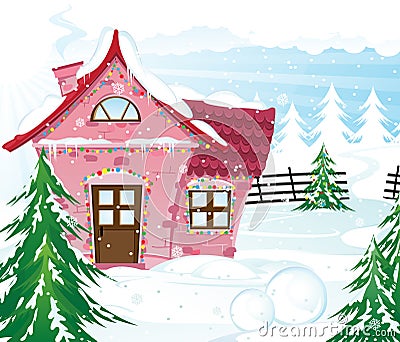 Pink fairy house in winter forest Vector Illustration