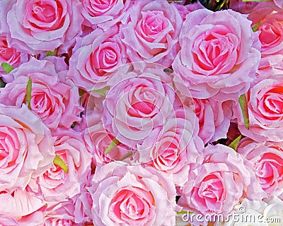 Pink fake roses closeup, colorful background Stock Photo