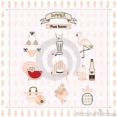 Pink fashion trends summer and beach fun icons set on pattern background Vector Illustration