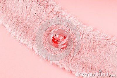 Pink faux fur with rubber duck. Social media Stock Photo