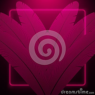 Pink feather background. Abstract composition with pink neon frame. Vector Illustration