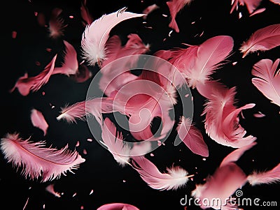 Pink Feathers isolated against a black background. Floating feathers. Falling bird feathers. Bokeh Stock Photo