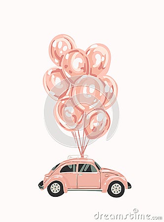 Pink female car with balloons for your design. Retro car. little pink Classic American Vintage Pink Car Vector Illustration