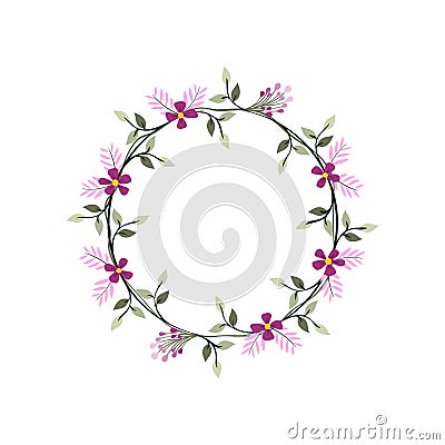 Pink Fern, Iris and Lavender flower wreath. Green decorative ivy. Spring floral round frames. Creeper plant flat vector Cartoon Illustration