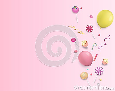 Pink festive background with colorful balloons. Vector Illustration