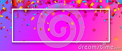 Pink festive banner with colorful confetti. Vector Illustration