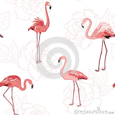 Pink flamingo birds rose flowers outline pattern Vector Illustration